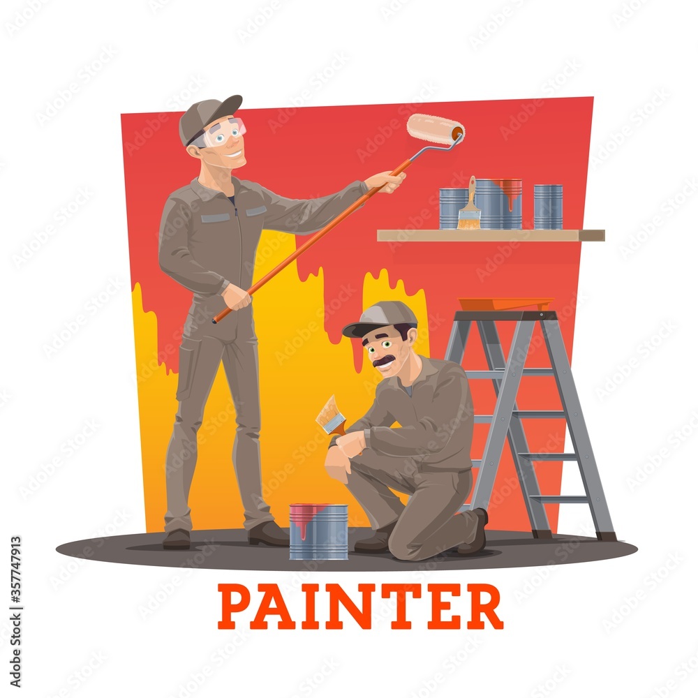 Painters painting wall vector construction workers of painting service and  interior design. Painter cartoon characters, paint, brush and roller, step  ladder, uniform overalls, caps and glasses Stock Vector | Adobe Stock