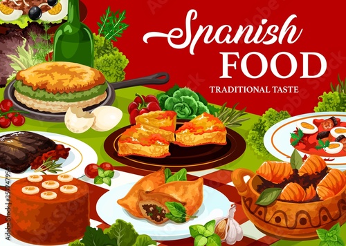 Spanish cuisine food vector design with restaurant dishes. Beef meat steak, fish vegetable salads with eggs and olives, sardine empanada, tuna stew pisto and omelette, lamb pie and banana mousse