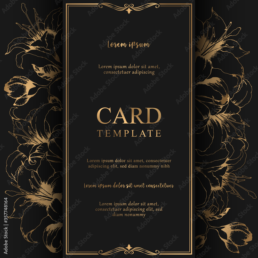 Vector floral elegant card with hand drawn gold lilies and leaves isolated on black background. Botanical design template for wedding invitation, brochure, card, cover