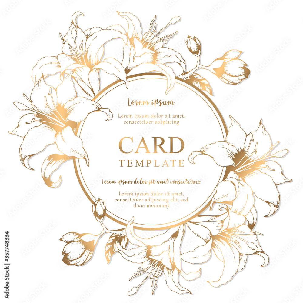 Vector floral round elegant card with hand drawn gold lilies and leaves isolated on white background. Botanical design template for wedding invitation, brochure, card, cover