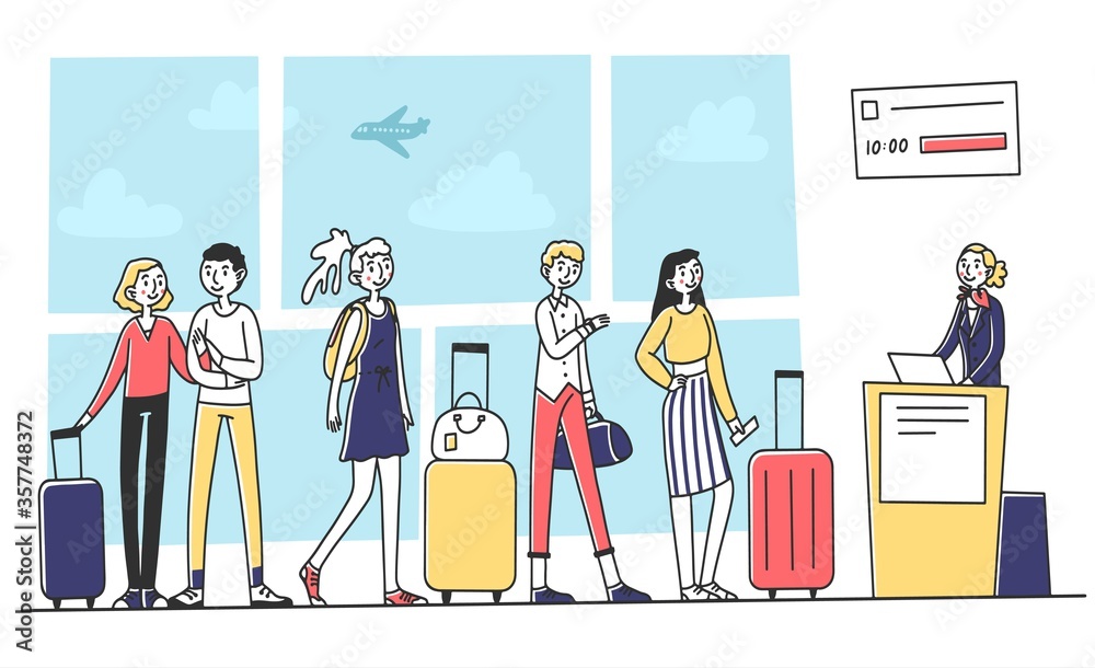 Line of tourists at airport check in counter. Queue of passengers waiting for registration to their flight. illustration for tourism, trip, transportation concept