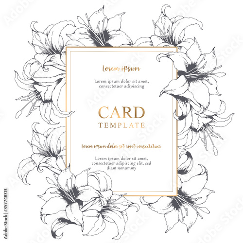 Vector floral elegant card with hand drawn grey lilies and leaves isolated on white background. Botanical design template for wedding invitation, card, brochure, cover