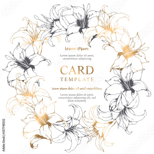 Vector floral round elegant card with hand drawn gold and grey lilies and leaves isolated on white background. Botanical design template for wedding invitation, card, brochure, cover