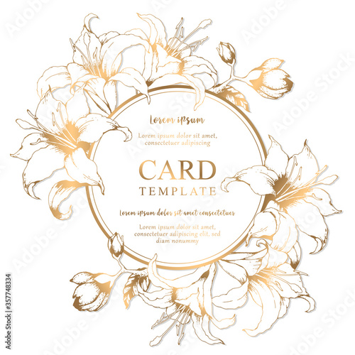 Vector floral round elegant card with hand drawn gold lilies and leaves isolated on white background. Botanical design template for wedding invitation, brochure, card, cover