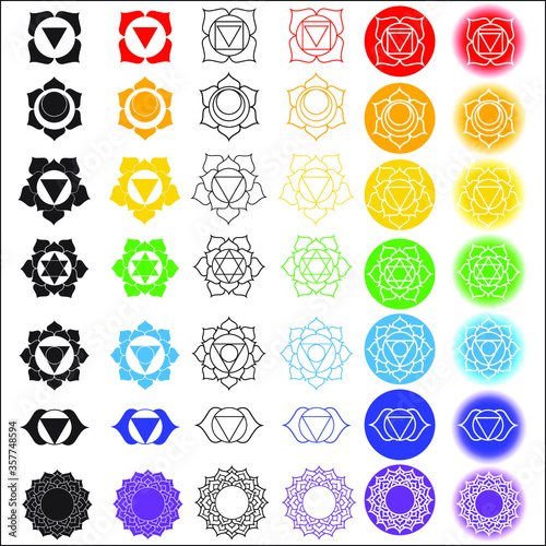 Big vector symbol set of chakras.Color yoga chakra icons isolated on white. Solid character illustration of Hinduism and Buddhism. For design, associated with yoga and India.