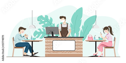Man and woman sitting at the dining table. men are eating and women playing a smartphone after eating and there is a waiter at the counter. Vector illustration