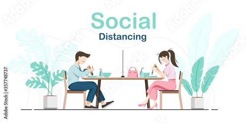 Social distancing. Men and women sitting and eating food at the dining table that has partition for prevent infection of Covid-19 virus. Vector illustration