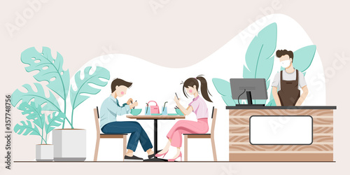 Couple sitting at the dining table. men are eating and women playing a smartphone after eating and there is a waiter at the counter. Vector illustration