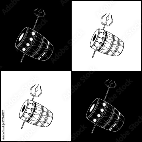 Traditional Indian drums and trident, the arm of lord shiva, the god of devine energy and destruction, made by strokes only and in a retro contrast representation