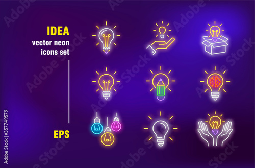 Idea neon signs set. Shiny lightbulbs in hands, box, hanging bulbs, brainstorm, startup. Night bright advertising. Vector illustration in neon style for banners, posters, flyers design
