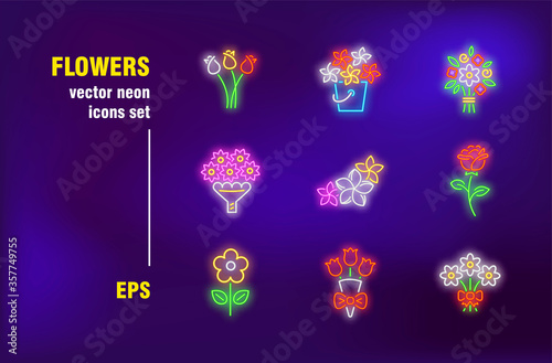 Flowers neon signs set. Roses, tulip, bunch, bucket, shop, store, greeting, special date. Night bright advertising. Vector illustration in neon style for festive banners, posters, flyers design