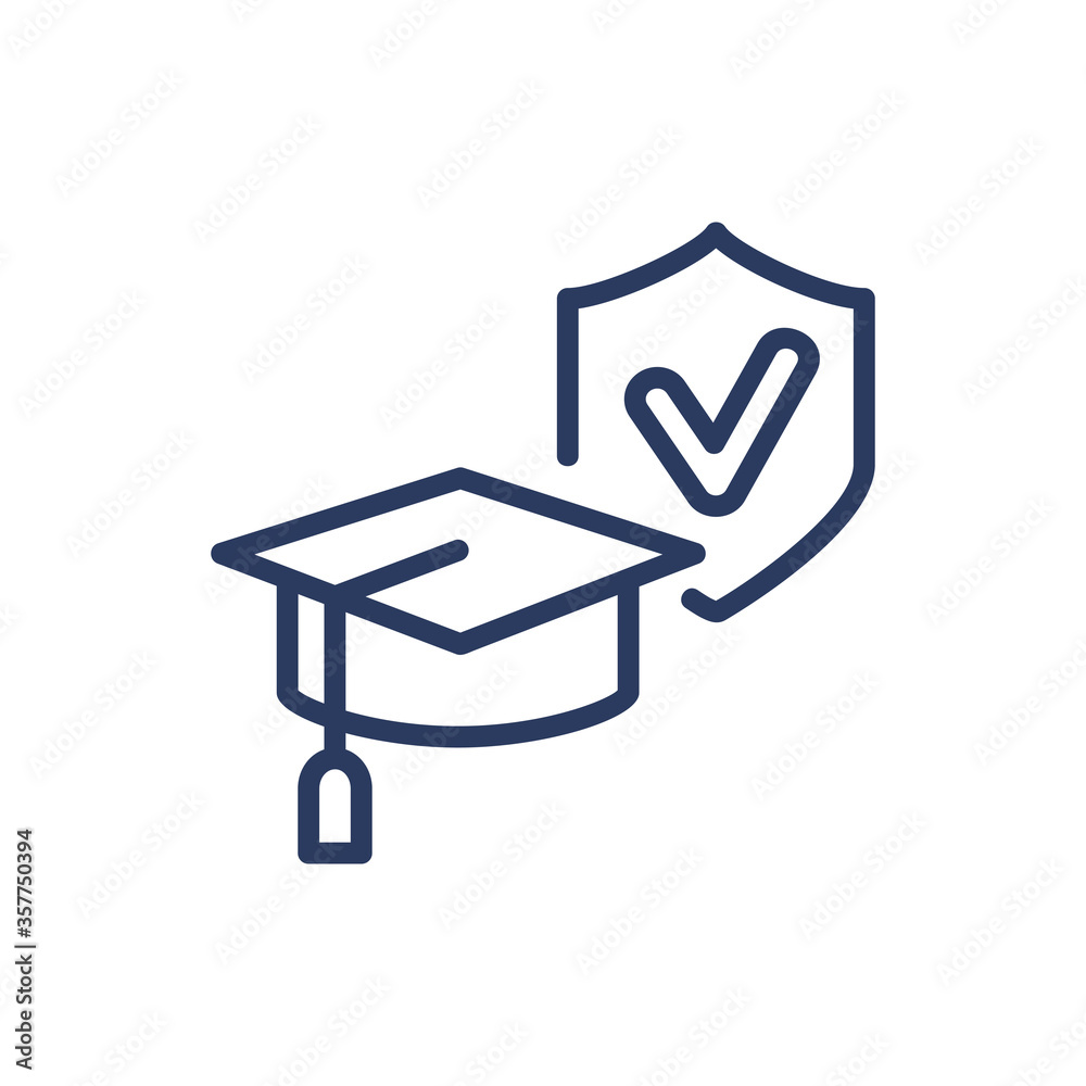 Graduation cap and shield thin line icon. Education, safety, checkmark isolated outline sign. Insurance and protection concept. Vector illustration symbol element for web design and apps Graduation cap and shield thin line icon. Education, safety, checkmark isolated outline sign. Insurance and protection concept. Vector illustration symbol element for web design and apps