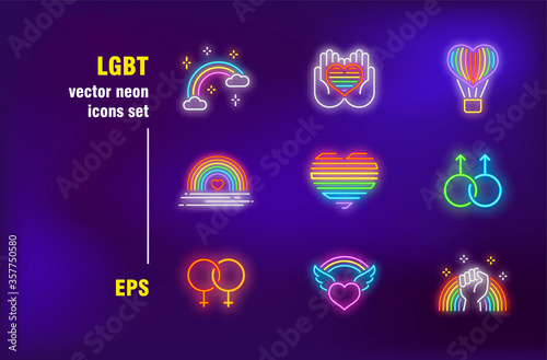 LGBT neon signs set. Rainbow heart, gay couple symbol, fight for right, homosexuality. Night bright advertising. Vector illustration in neon style for banners, posters, pride parade flyers design
