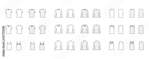 Set of 9 tops technical fashion illustration croqui front and back white and color style.