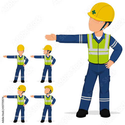 Set of industrial worker is presenting something