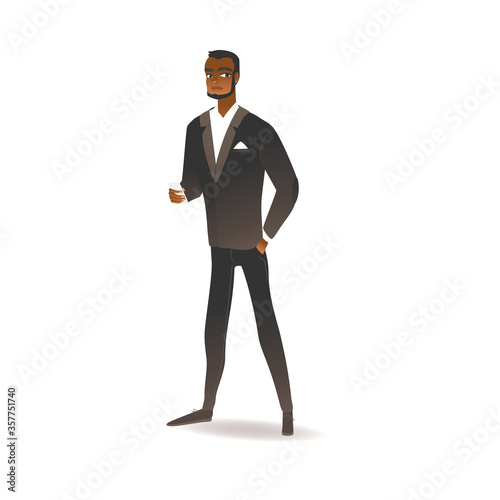 Black african american young man standing in tuxedo or suit.