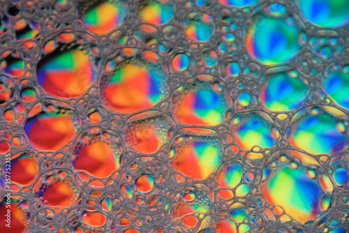 Beautiful bubbles from mixing water, oil and soap. Macro photography. Colorful bubbles. Abstract background. 