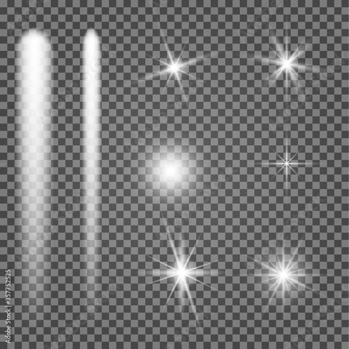 Star shine. Vector light spark glow. White flare effect illustration on transparent background. Shiny christmass sparkle. Special lens glitter element. Magic sunlight ray. Explosion burst