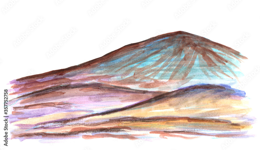 Hand drawn watercolor painting. Calm mountain landscape in lilac blue tones. Nature, mountainous countries, tourism, travel. Hand drawn watercolor painting. Calm mountain landscape in lilac blue tones. Nature, mountainous countries, tourism, travel.