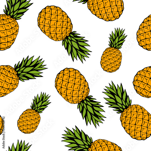 Seamless pattern with hand drawn fruits elements pineapple. Vegetarian wallpaper. For design packaging, textile, background, design postcards and posters.