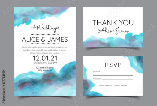 wedding invitation cards with beautifully hand drawn watercolor backgrounds. Includes invitation templates, RSVP and thank you cards. Vector