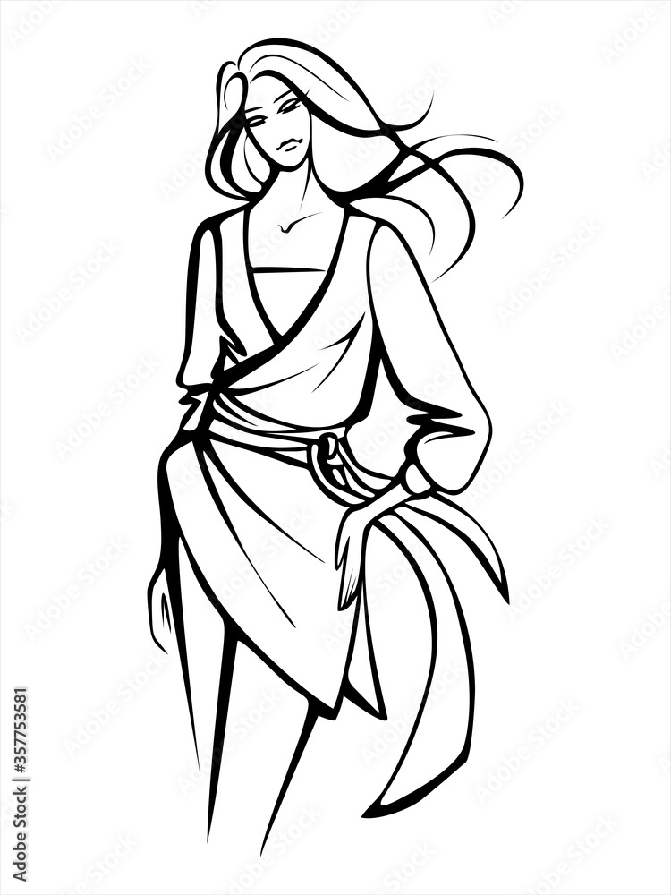 The silhouette of a beautiful young woman with long hair. Vector black-white image. Fashion, style, beauty. The silhouette of a beautiful young woman with long hair. Vector black-white image. Fashion, style, beauty.