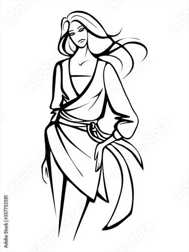 The silhouette of a beautiful young woman with long hair. Vector black-white image. Fashion  style  beauty.