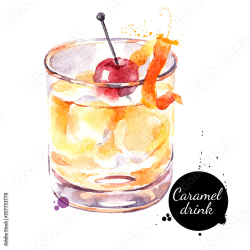 Watercolor caramel cocktail illustration. Painted isolated fresh delicious food white background
