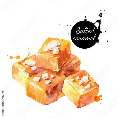 Watercolor salted caramel illustration. Painted isolated delicious food white background