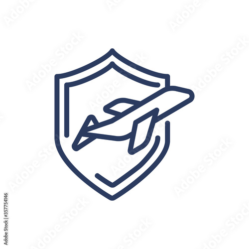 Plane in shield thin line icon. Transportation, flight, travel isolated outline sign. Insurance and protection concept. Vector illustration symbol element for web design and apps