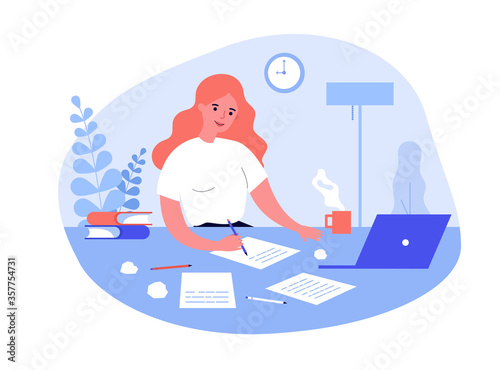 Writing job concept. Female writer writing in papers at her workplace, working at computer at home. Flat vector illustration for creative crisis, journalism, inspiration topics