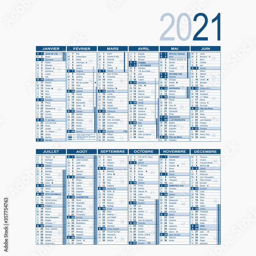 Calendrier annuel 2021. Format A4 recto/verso. Texte modifiable inclus dans fichier AI. Vacances scolaires, jours fériés, lunes,... Multi calques