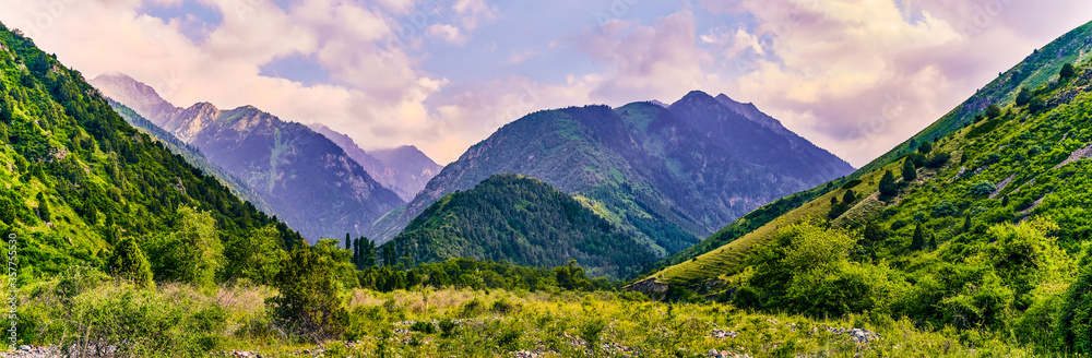 Panorama of a mountain valley in the summer. A fabulous mountain view of the peaks, amazing nature, summer in the mountains. Travel, tourism. beautiful background picture of nature