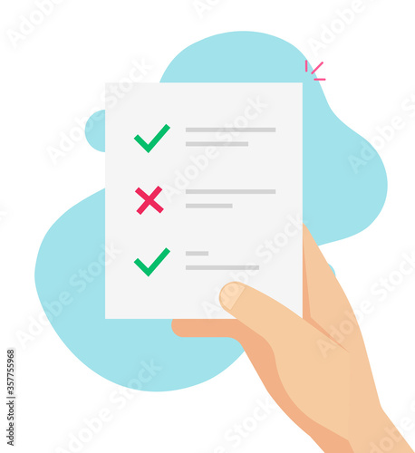 Exam document in pupil hand or survey form with test quiz checklist and success questionnaire results in person holding vector flat cartoon, education check list paper doc icon modern design image