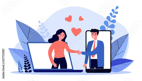 Couple meeting on dating website. Happy man and woman shaking hands, gadget screens, hearts flat vector illustration. Online service, internet concept for banner, website design or landing web page