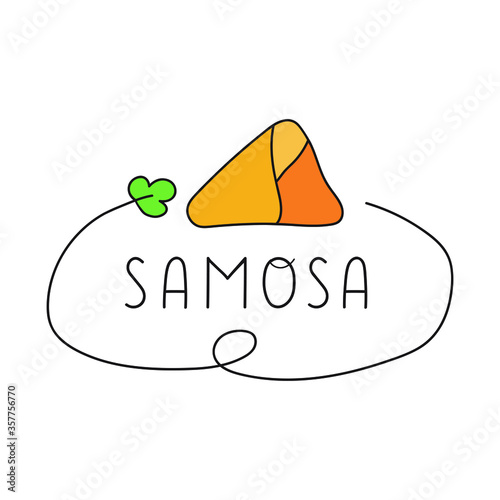 Samosa. Hand drawn vector badge illustration on white background.