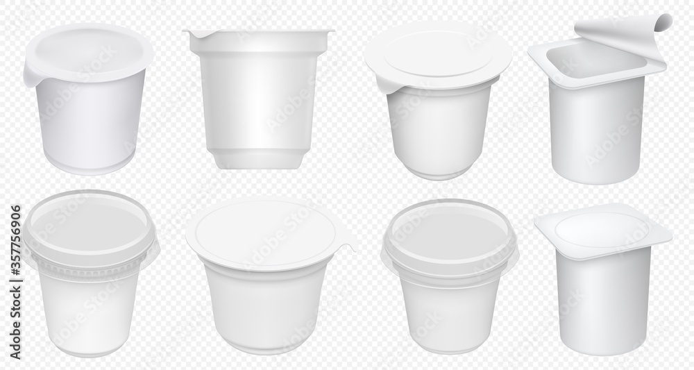 Yogurt cup. Plastic yoghurt pot isolated on transparent background. Blank yogurt  container and cream tub template. Milk dessert cup mockup set. Realistic  dairy package isolated mock up Stock Vector