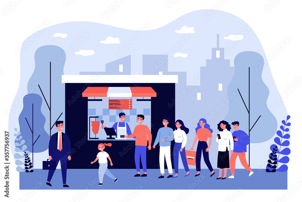 Queue of people waiting at fast food kiosk counter. Crowd of customers, kebab, dinner time flat vector illustration. Street food, lifestyle concept for banner, website design or landing web page