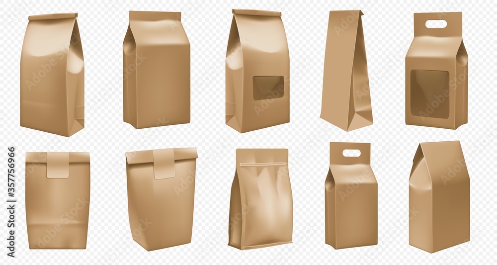 Takeout food craft package template. Brown bag mockup for pack design.  Realistic takeaway fast food pouch mock up set isolated. Blank paper box  for coffee and tea. Handle cardboard container vector de