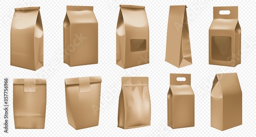 Takeout food craft package template. Brown bag mockup for pack design. Realistic takeaway fast food pouch mock up set isolated. Blank paper box for coffee and tea. Handle cardboard container