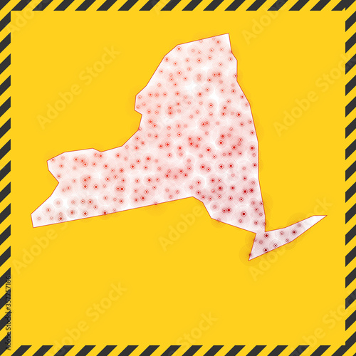 New York closed - virus danger sign. Lock down us state icon. Black striped border around map with virus spread concept. Vector illustration.