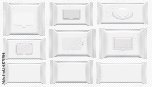 Wet wipes package. Antibacterial wipe plastic pack template isolated set. Blank white box top view for wet toilet tissue. Cosmetic foil bag mockup on tranparent background