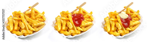 French Fries with Ketchup and Mayonnaise - Fastfood Panorama isolated on white Background