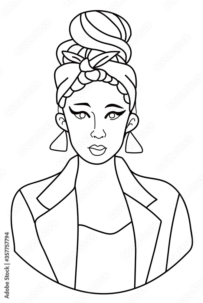 Line doodle portrait of a young beautiful girl with a bandage on her head and large jewelry. Line doodle portrait of a young beautiful girl with a bandage on her head and large jewelry.