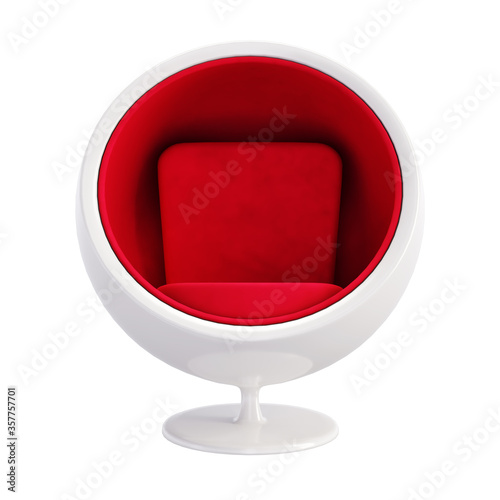 Ball Chair isolated on white background. Classic furniture model of White Ball chair with Red Velvet Seat. Front view of Egg chair for hi-tech interior. 3D render Illustration