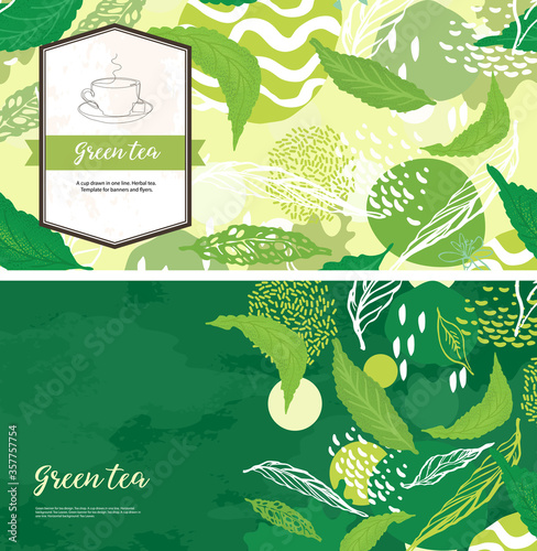 Green banner for tea design. Tea shop. A cup drawn in one line.
