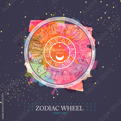 Modern magic witchcraft Astrology wheel with zodiac signs on watercolor background. Horoscope vector illustration