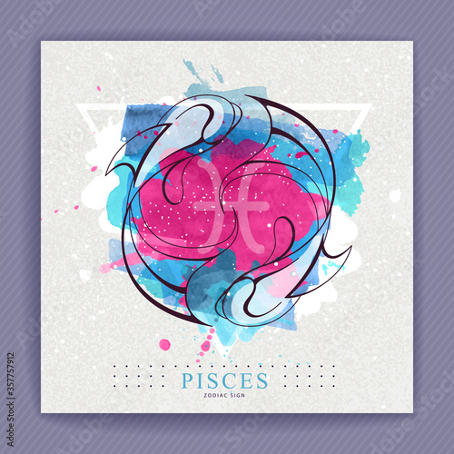 Modern magic witchcraft card with astrology Pisces zodiac sign on artistic watercolor background. Koi fish logo design