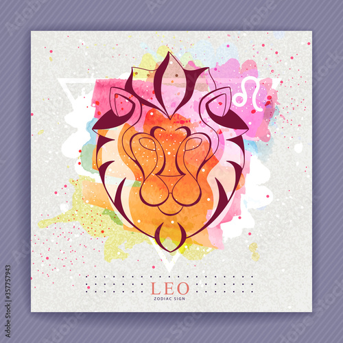 Modern magic witchcraft card with astrology Leo zodiac sign on artistic watercolor background. Lion head logo design