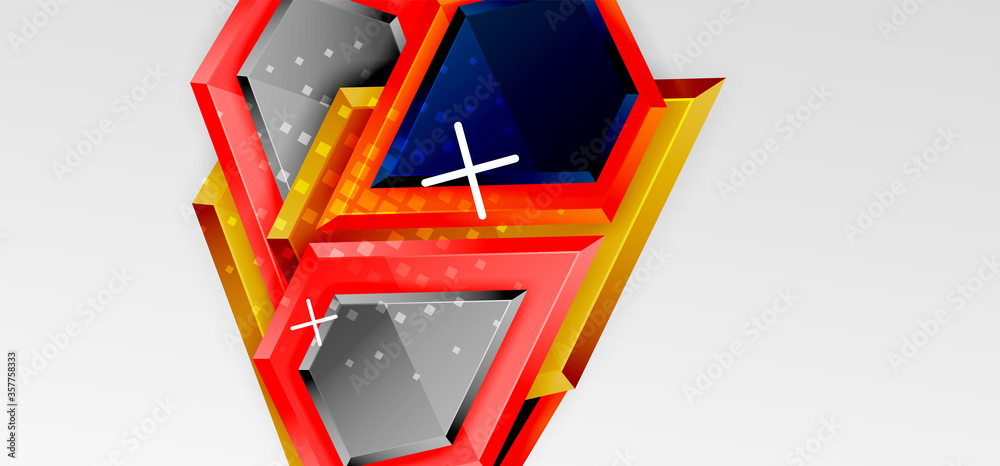 Metal glossy shiny geometric shapes with 3d effect composition. Techno futuristic vector abstract background For Wallpaper, Banner, Background, Card, Book Illustration, landing page